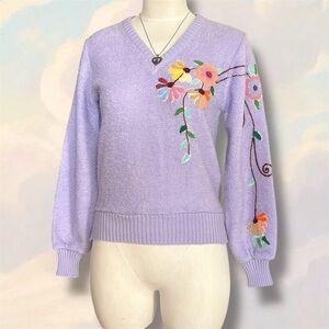 circa 70s ‘golden touch’ purple floral embroidered v-neck sweater